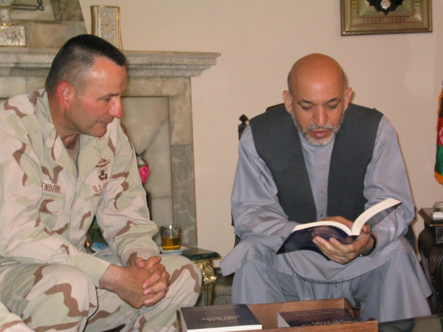 2003 09SEP 18 MG E presents Marshall Books to Pres Karzai 2